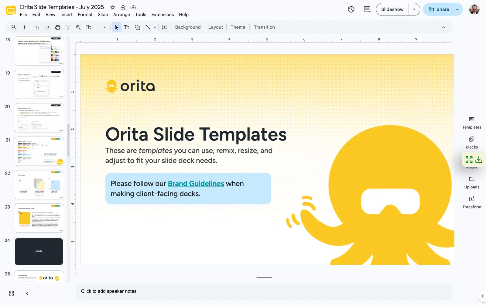 The Orita Slide Templates deck, July 2025: a cover slide on a yellow gradient with a halftone texture and the waving octopus mascot, with the note to follow the brand guidelines when making client-facing decks, and template slides in the sidebar.