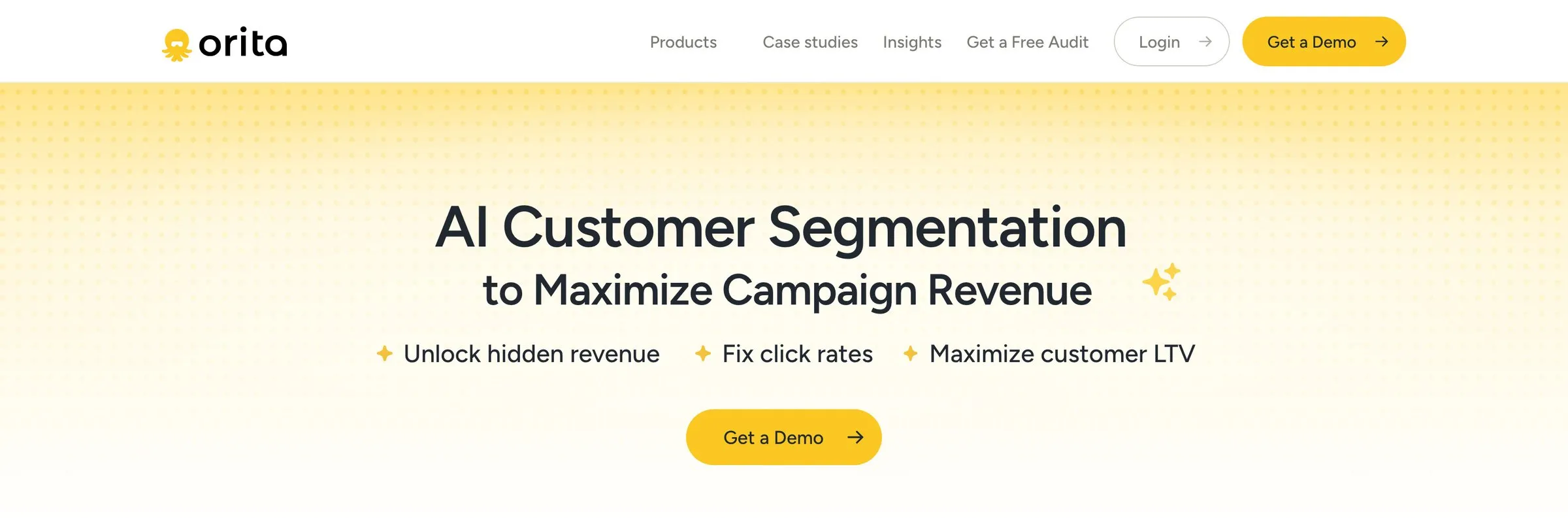 The early 2026 homepage hero: a yellow gradient field with a halftone texture, the headline AI Customer Segmentation to Maximize Campaign Revenue, sparkle icons, three sparkle-bulleted benefits, and a yellow Get a Demo button.