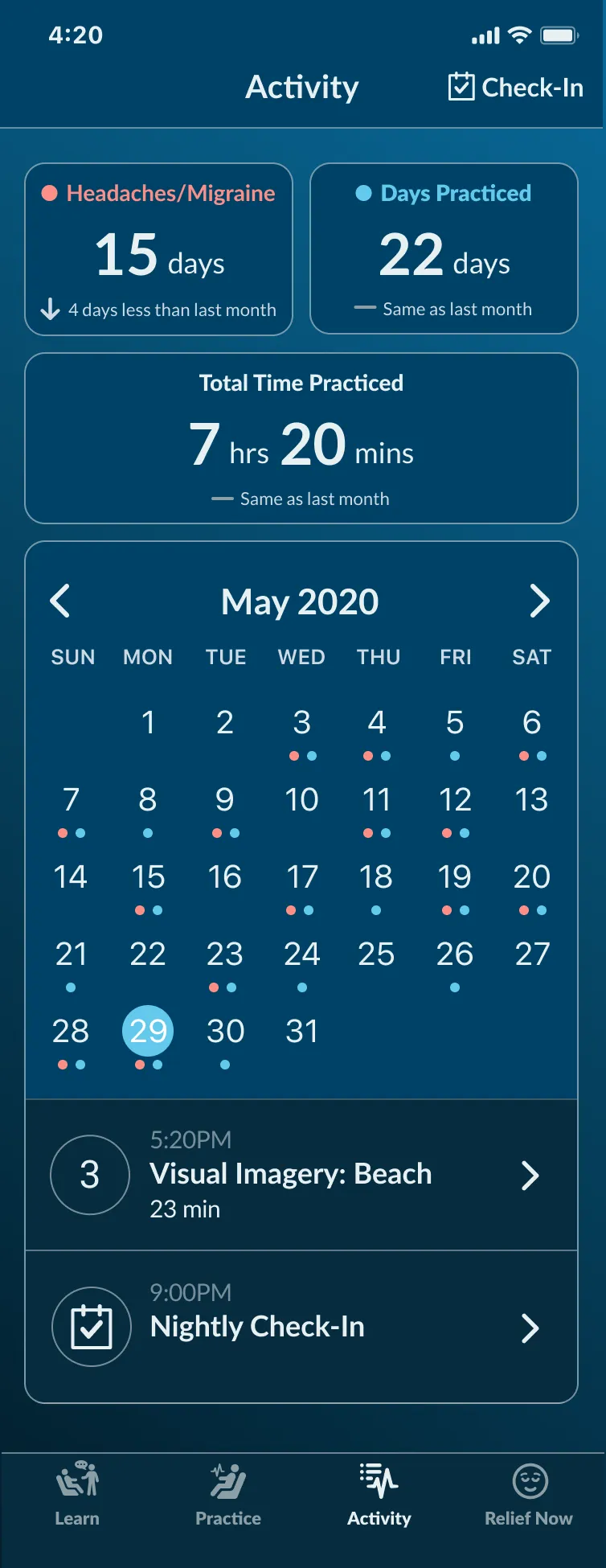 The Activity Log screen: Migraine Days at 15 and Practice Days at 22 for the month, Total Time Practiced at 7 hours 20 minutes, a May 2020 calendar with red and blue dots marking migraine and practice days, and the day's session list below.
