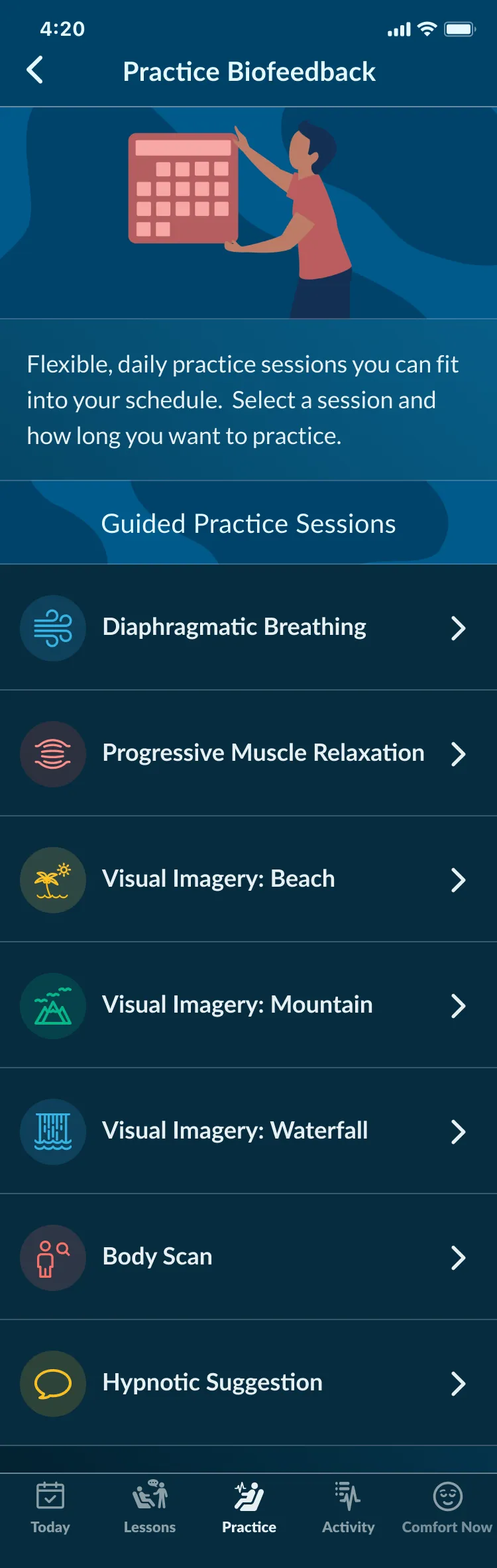 The Practice Biofeedback screen listing seven guided sessions: Diaphragmatic Breathing, Progressive Muscle Relaxation, Visual Imagery: Beach, Visual Imagery: Mountain, Visual Imagery: Waterfall, Body Scan, and Hypnotic Suggestion.