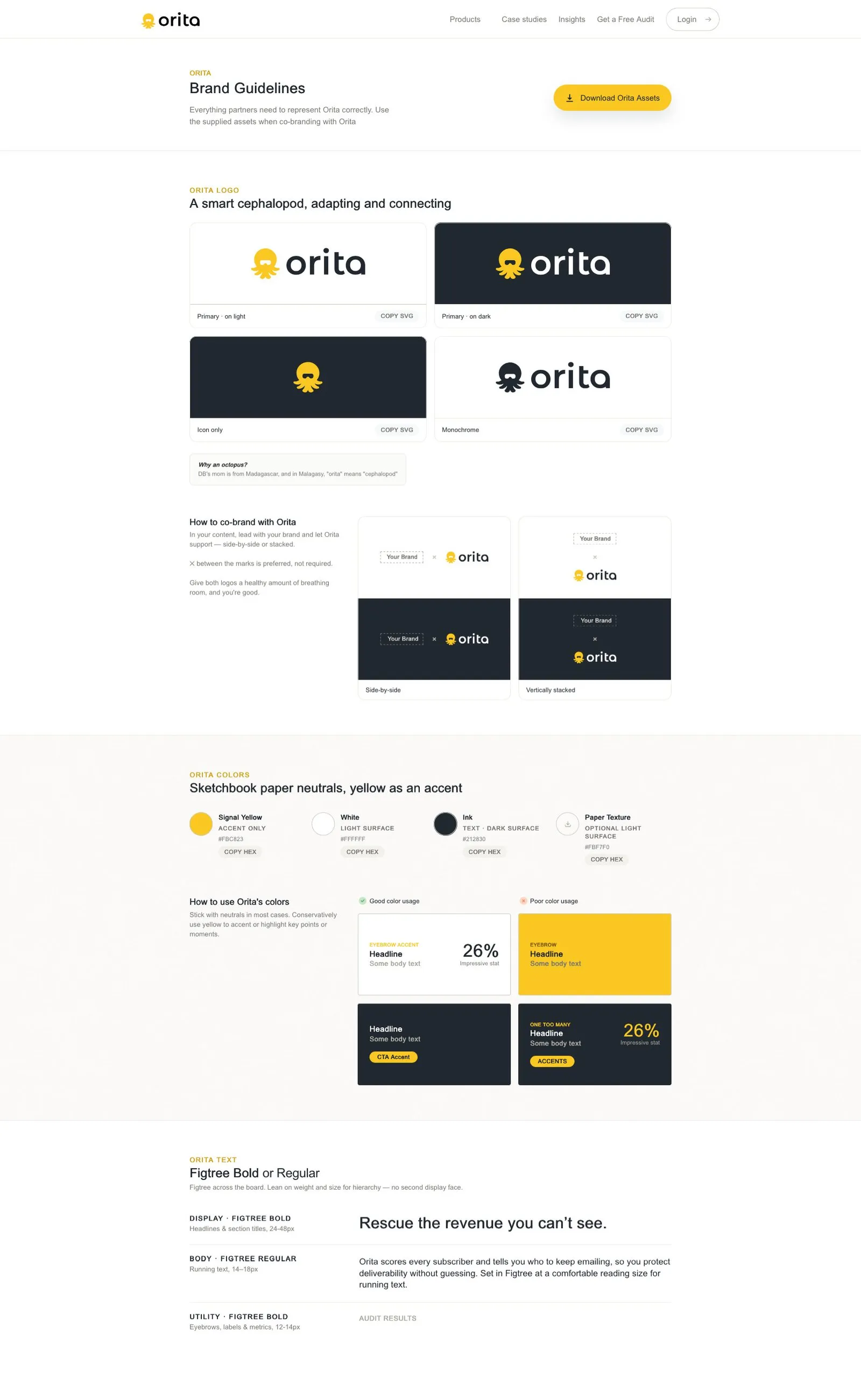 The top of the Orita brand guidelines page: an intro telling partners to represent Orita correctly, a Download Orita Assets button, and the logo section — a smart cephalopod, adapting and connecting — showing the mark on light and on dark grounds with copy-SVG controls on each tile.